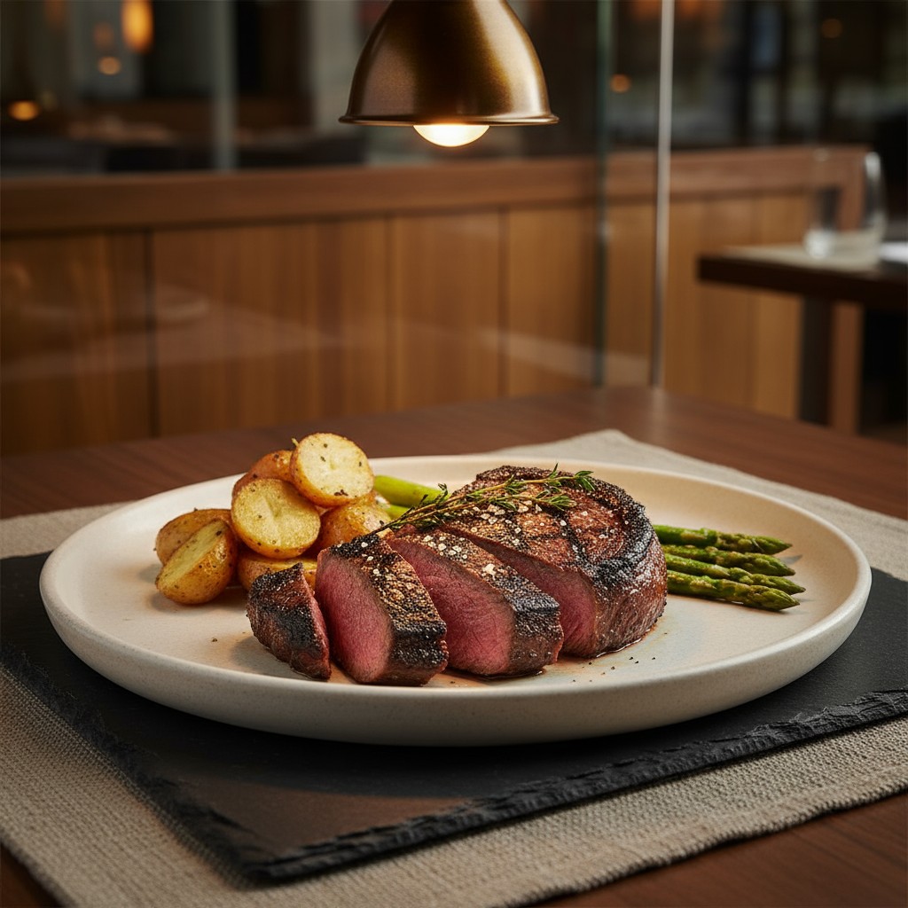 A close-up photo features a succulent steak dinner on a white plate. The serving consists of sliced steak topped with rose...