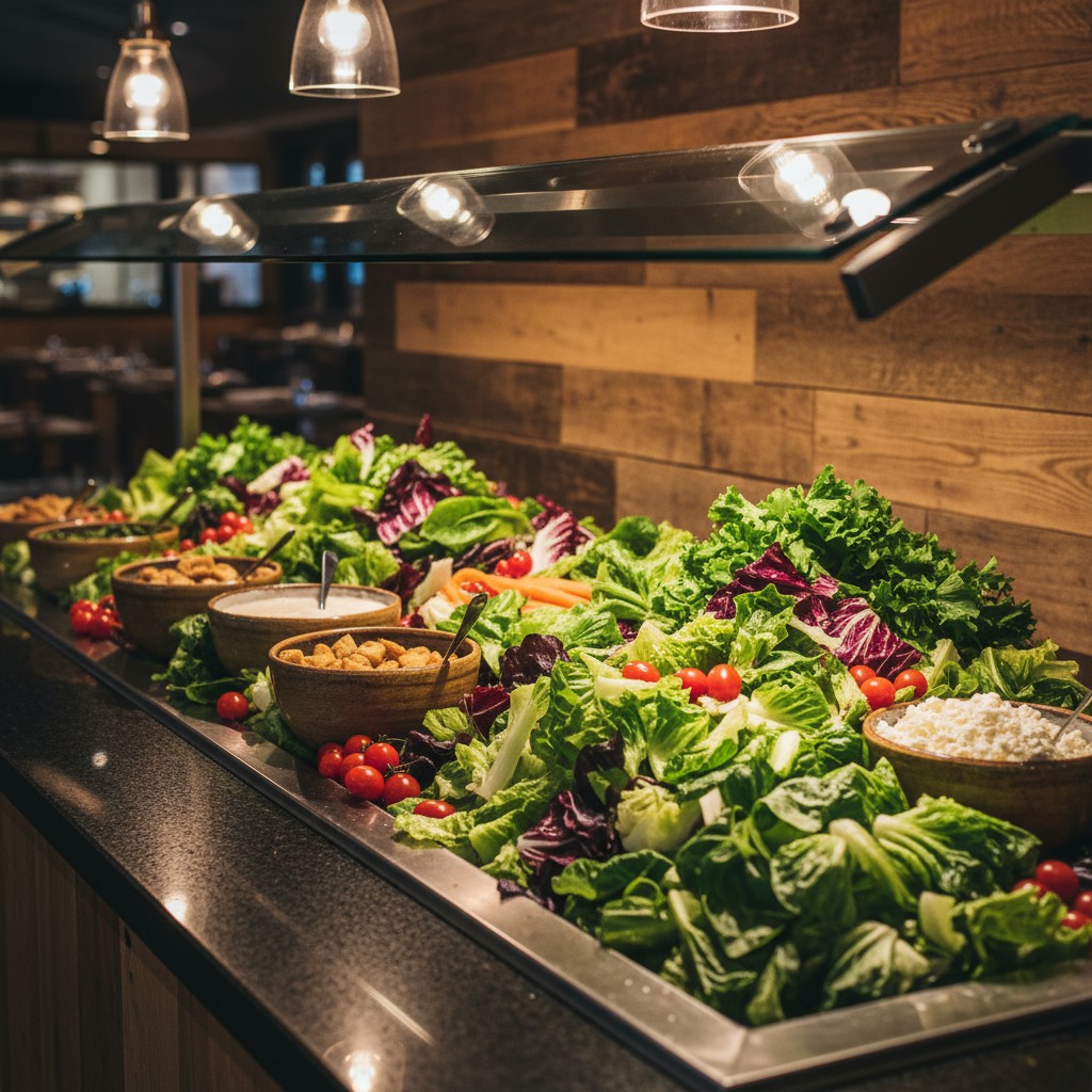 {"alternative text": "A buffet of a variety of leafy salad greens, cherry tomatoes, and other salad toppings laid out in a...